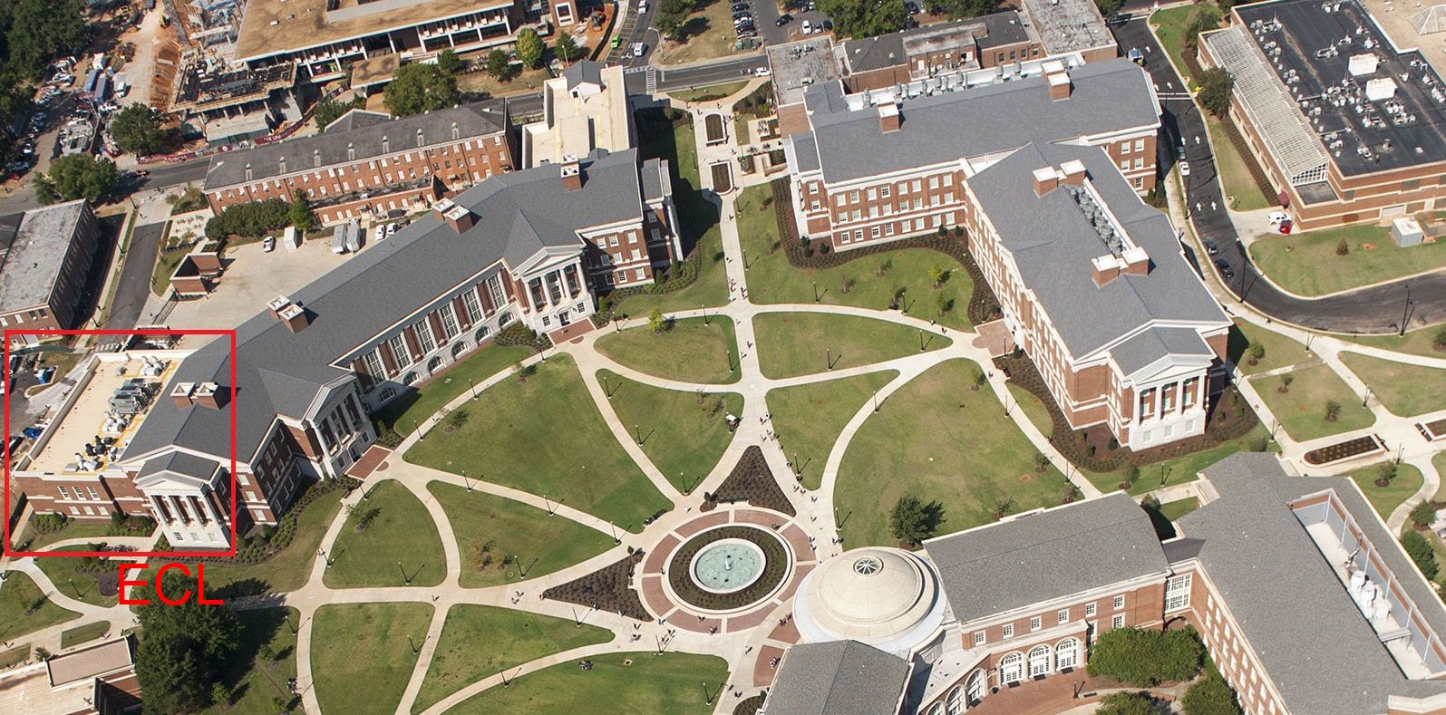 Arial view of Engineering Quad at UA showing ECL location.